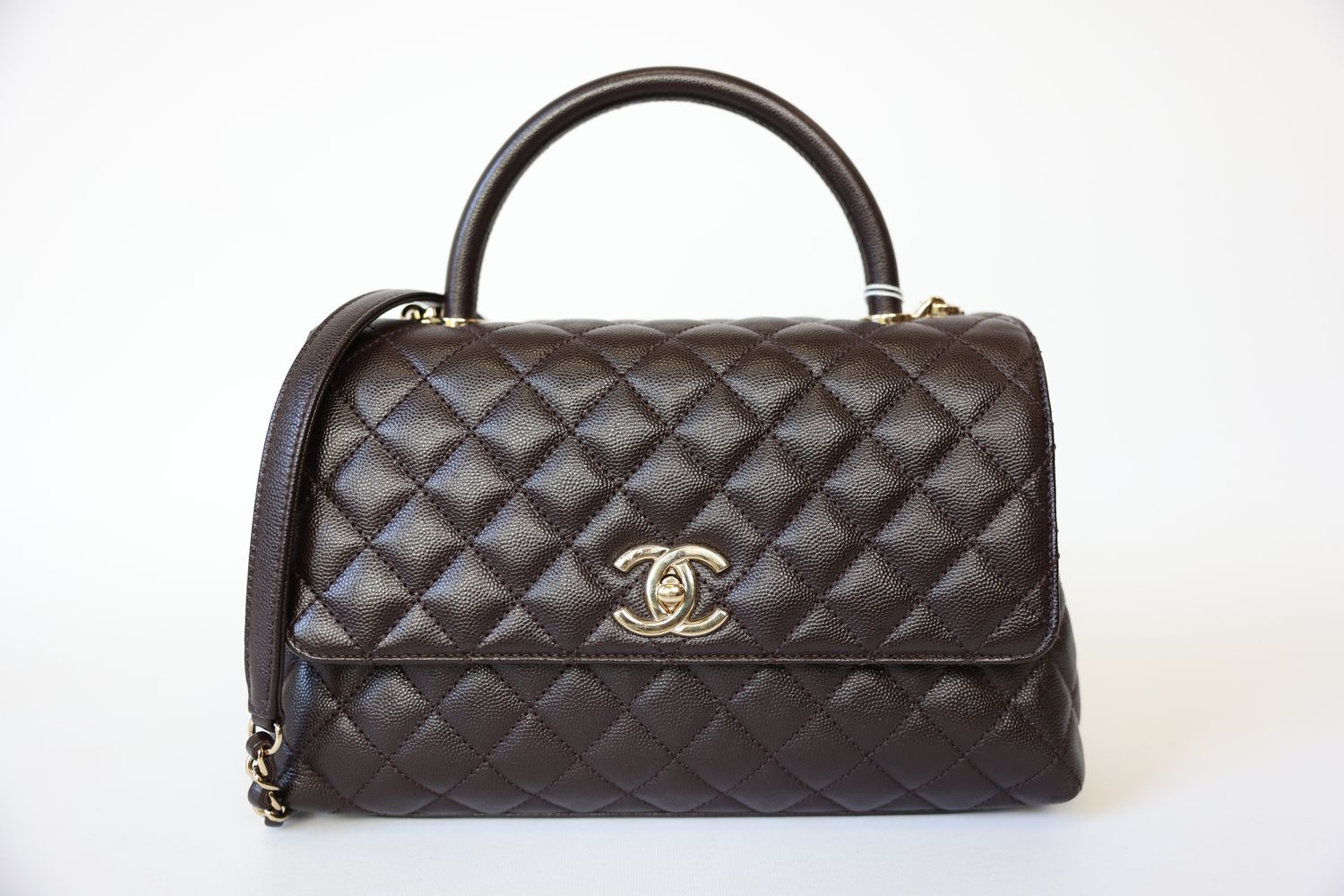 Chanel Coco Top Handle Bag Medium, Brown Caviar Leather With Gold Hardware, Preowned No Dustbag WA001