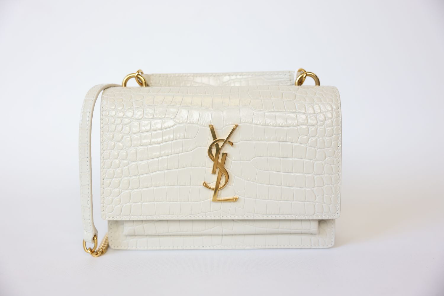Saint Laurent Sunset Chain Wallet Mini, White Croc Embossed with Gold Hardware, Preowned in Dustbag WA001