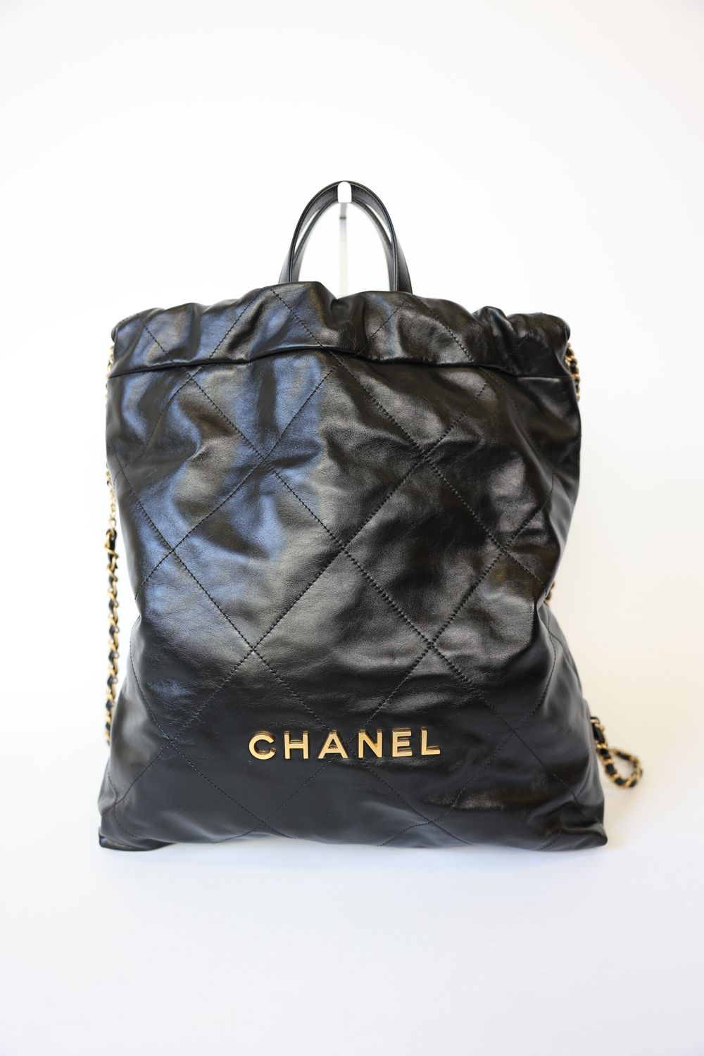 Chanel 22 Backpack, Black Leather with Gold Hardware, Preowned in Dustbag CMA001