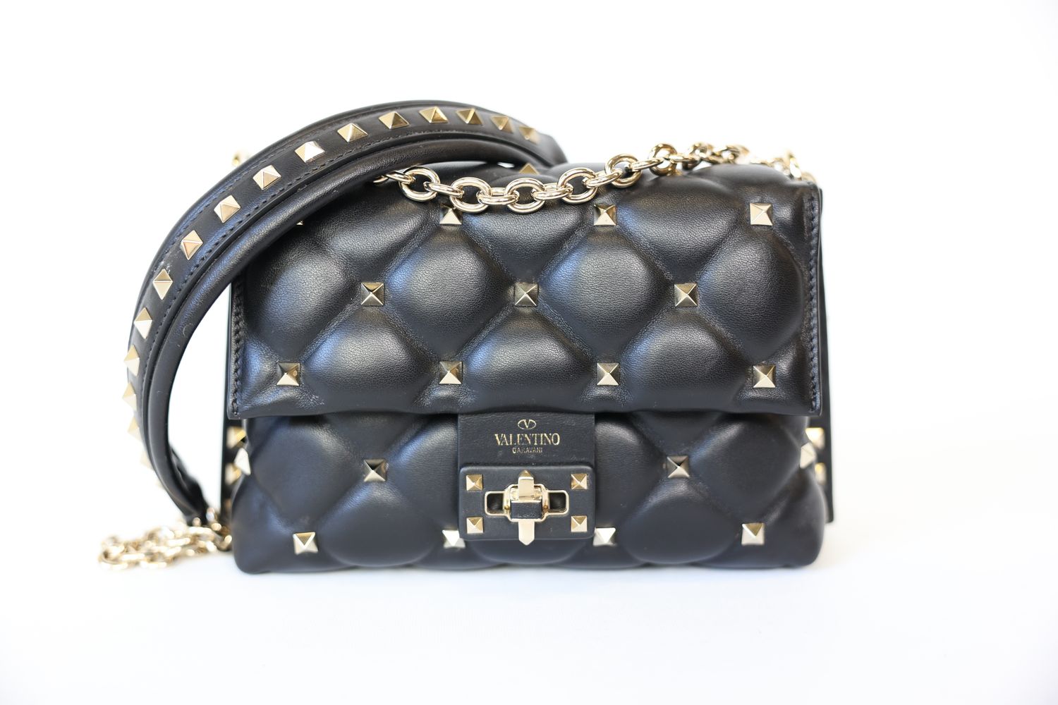 Valentino Garavani Candystud Flap, Black Leather With God Hardware, Preowned In Dustbag WA001