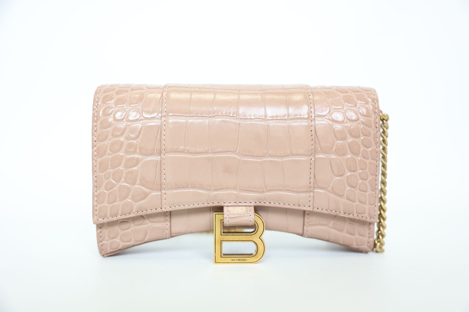 Balenciaga Hourglass Wallet On Chain Small, Nude Beige Calf Leather With Gold Hardware, Preowned In Dustbag WA001