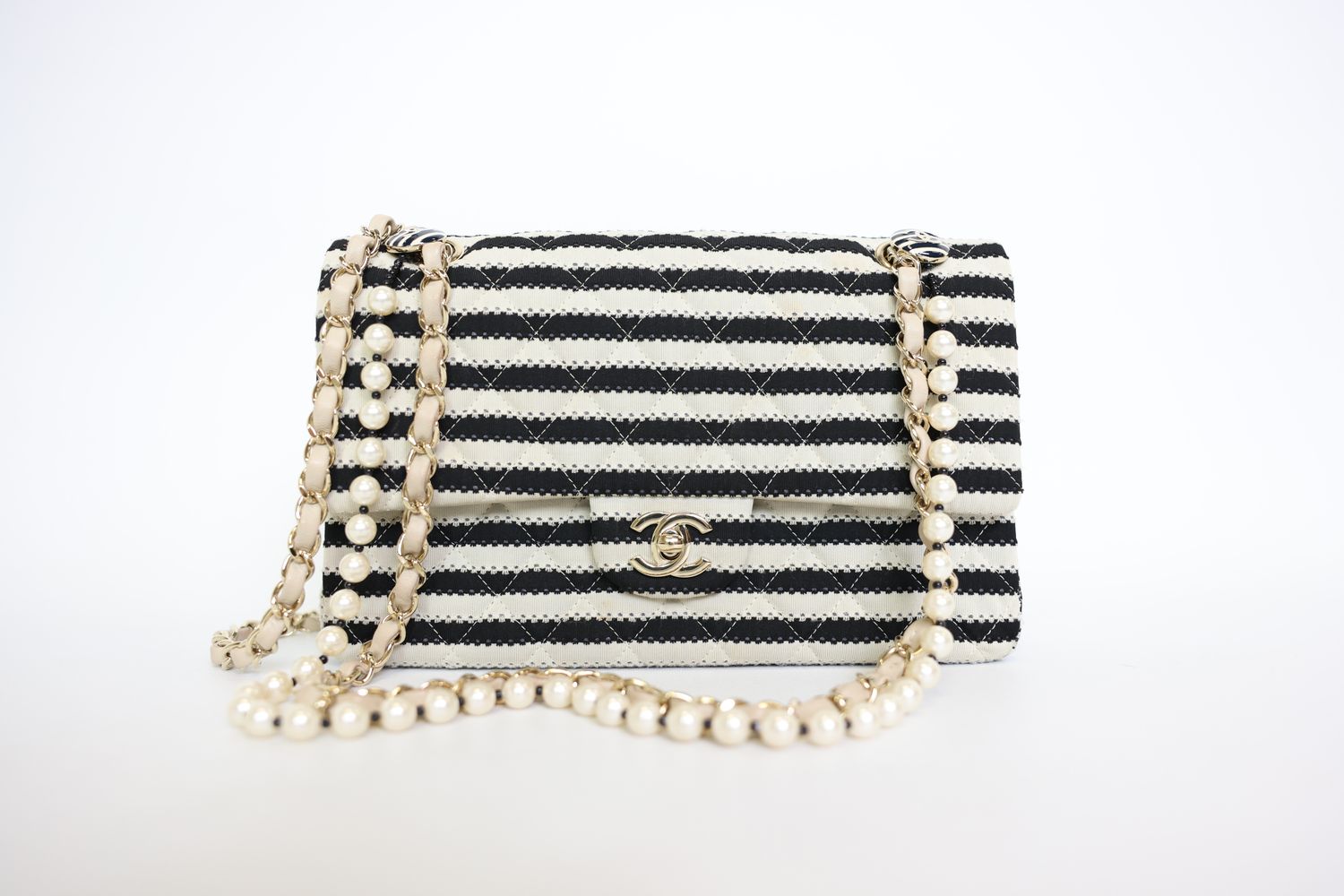 Chanel Coco Sailor Flap Medium, Jersey Quilted Black And White With Gold Hardware, Preowned In Box WA001