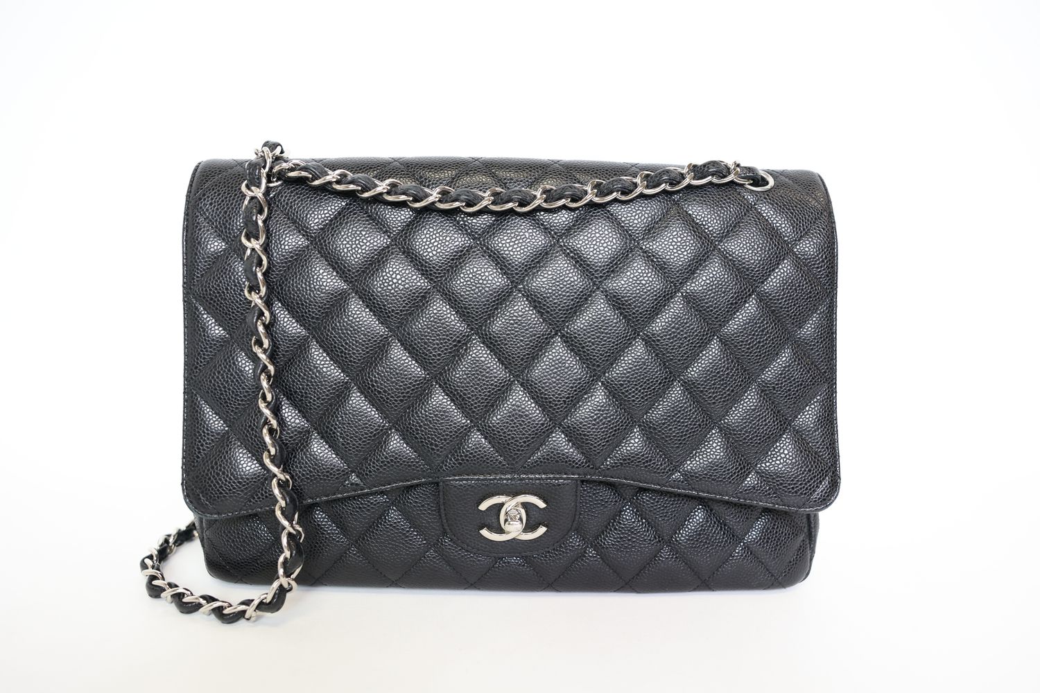 Chanel Classic Single Flap Bag Maxi Black Caviar Leather With Silver Hardware Preowned In Box WA001