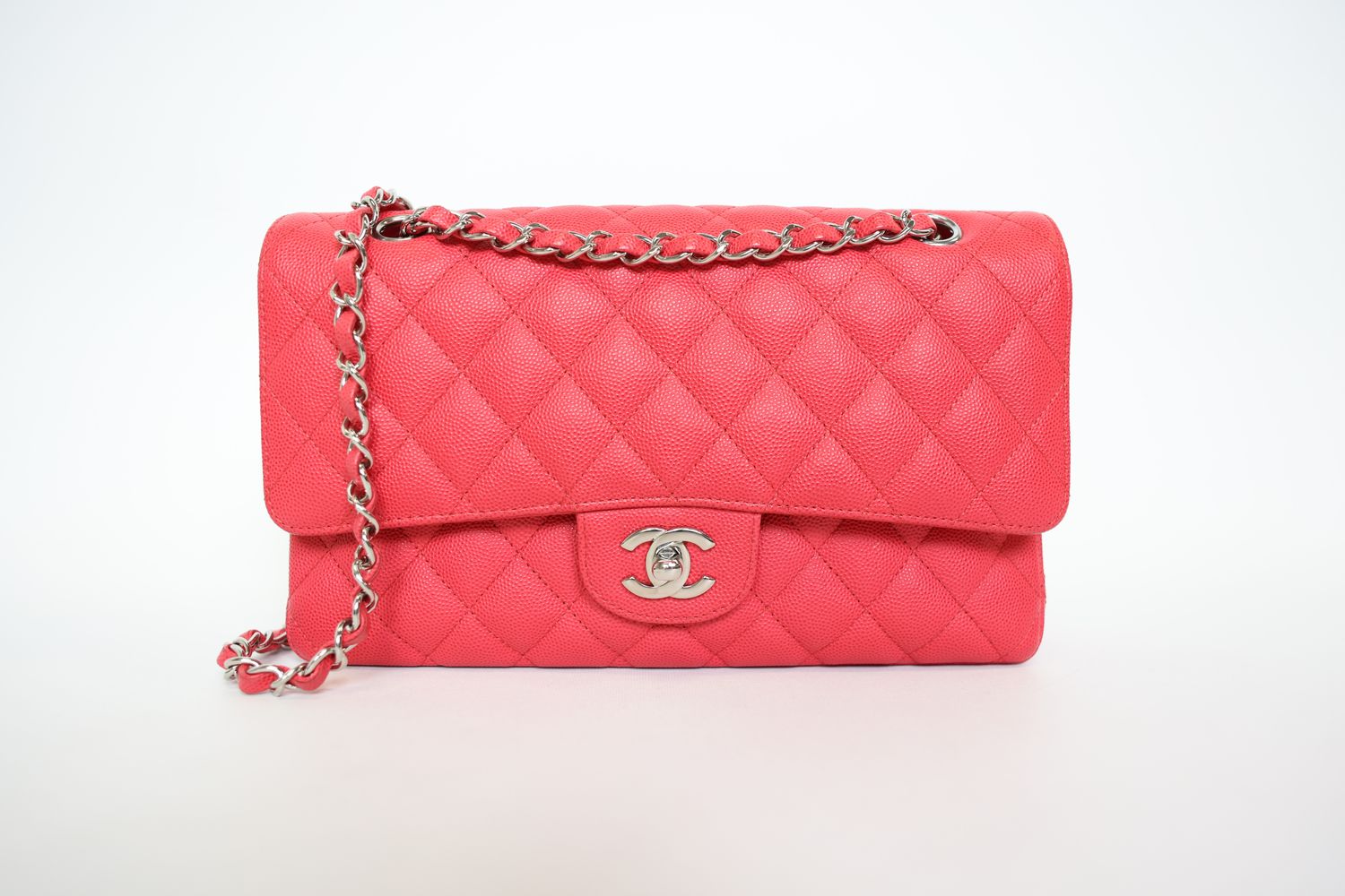 Chanel Classic Double Flap Bag Medium, Raspberry Pink Caviar Leather With Silver Hardware, Preowned In Box WA001