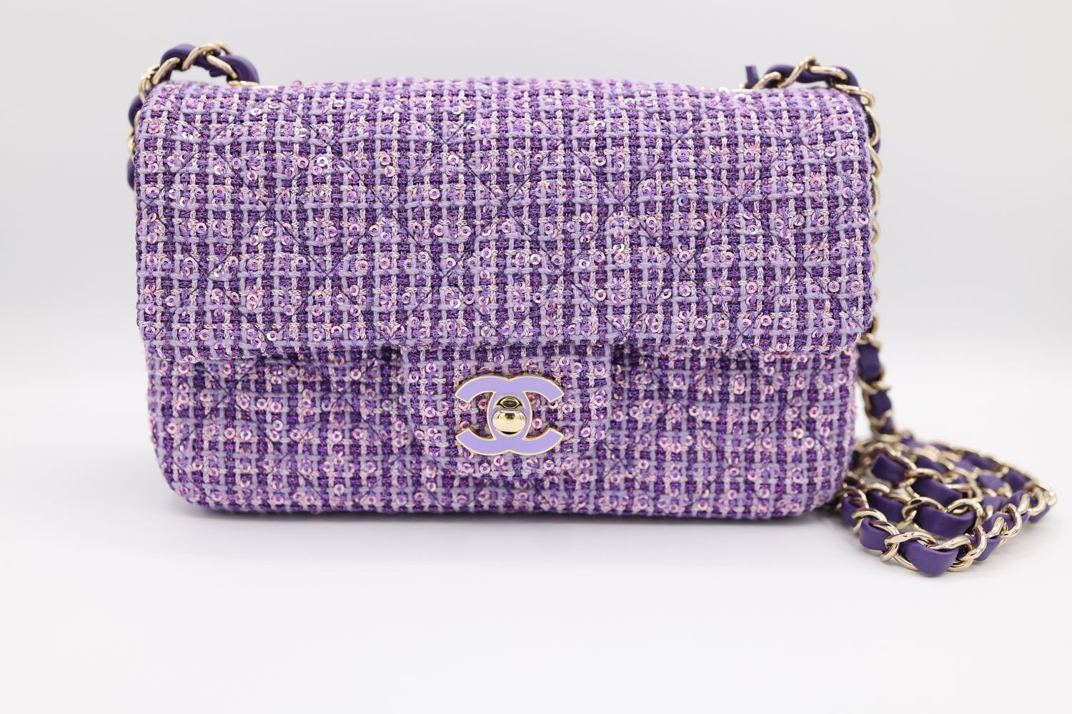 Chanel Classic Mini Rectangular, Purple Tweed, Enamel And Sequins With Gold Hardware, New In Box MA001