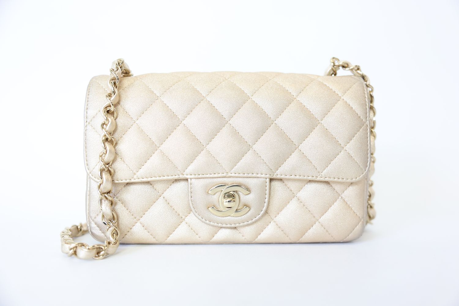 Chanel Classic Single Flap Mini, Gold Calfskin Leather With Gold Hardware, Preowned In Box WA001