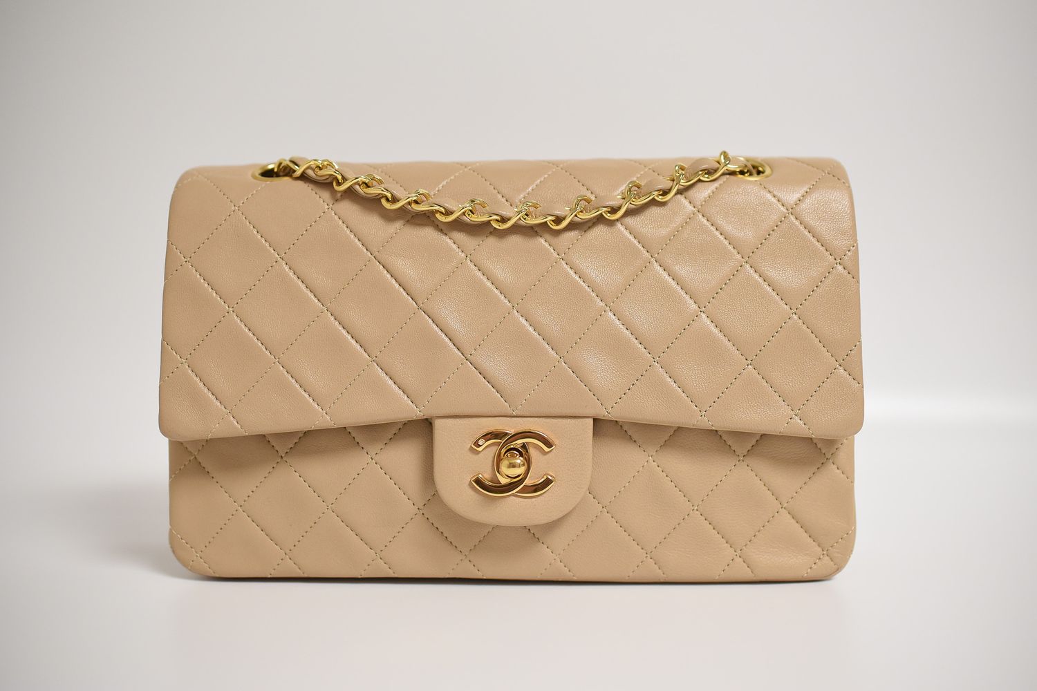 Chanel Vintage Classic Double Flap, Dark Beige Lambskin Leather, Gold Hardware, Preowned in Dustbag (No Card) GA001P