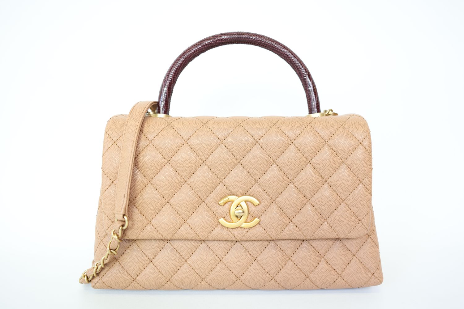 Chanel Coco Top Handle Small, Beige Caviar Leather With Lizard Handle, Preowned In Box WA001