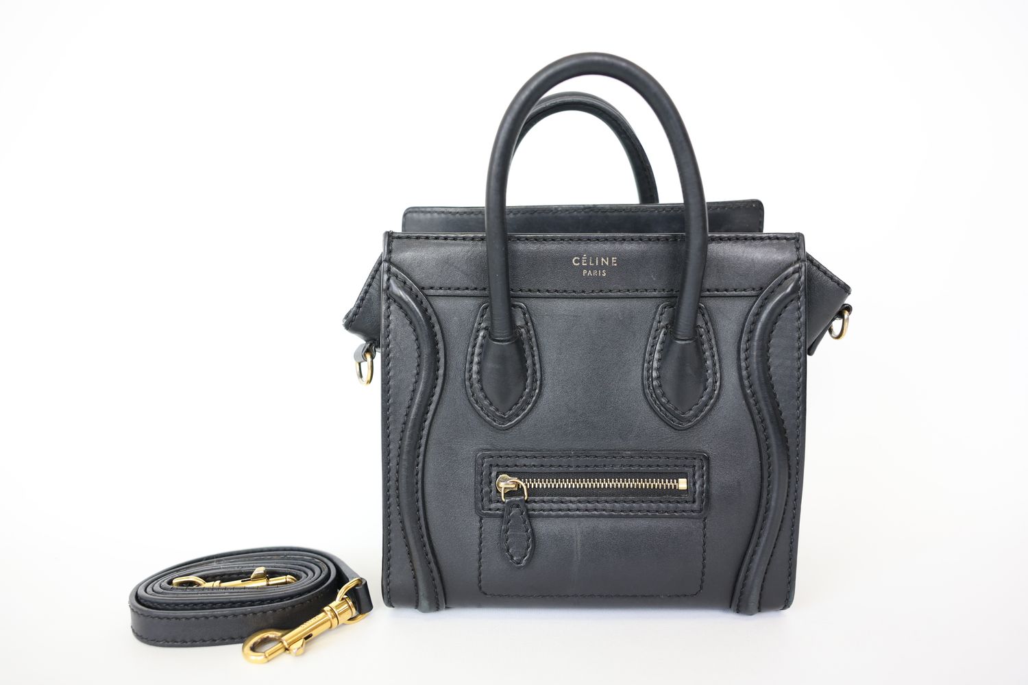 Celine Luggage Nano, Black Smooth Leather with Gold Hardware, Preowned No Dustbag WA001