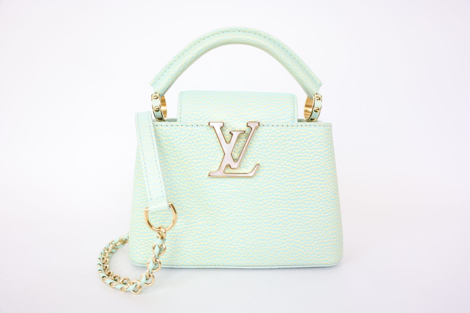 Louis Vuitton Capucines Mini, Green with Silver Hardware, Preowned in Box CMA001