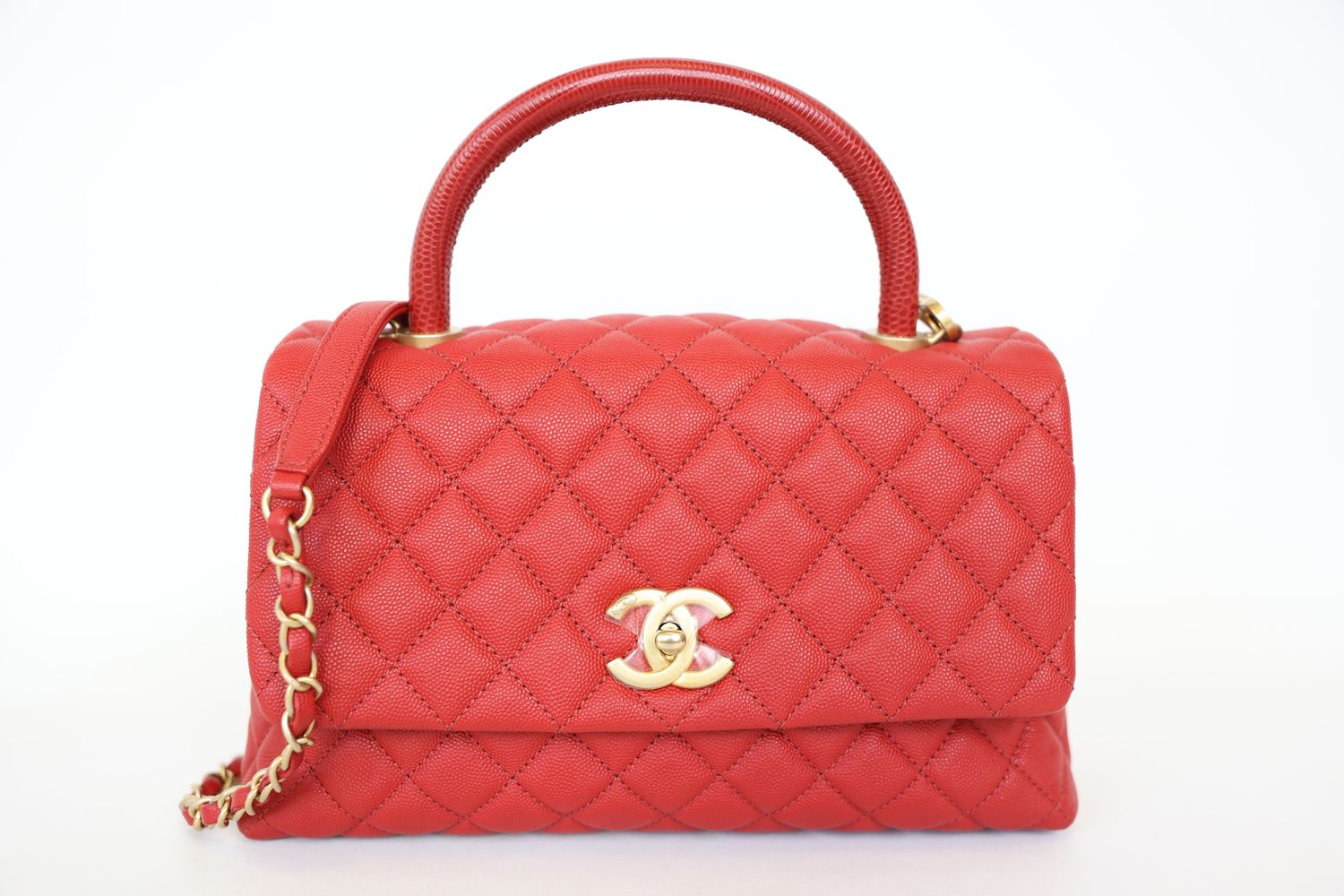 Chanel Coco Top Handle Large, Red Caviar Leather With Lizard Handle And Gold Hardware, Preowned In Box WA001