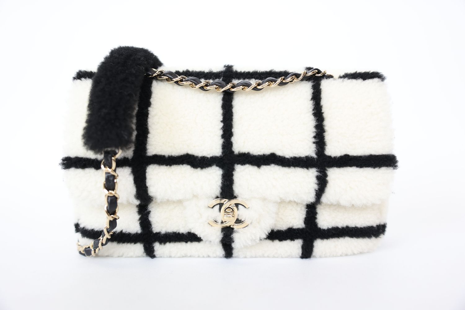 Chanel Classic Single Flap Bag Medium, Shearling White And Black With Gold Hardware, Preowned In Box WA001