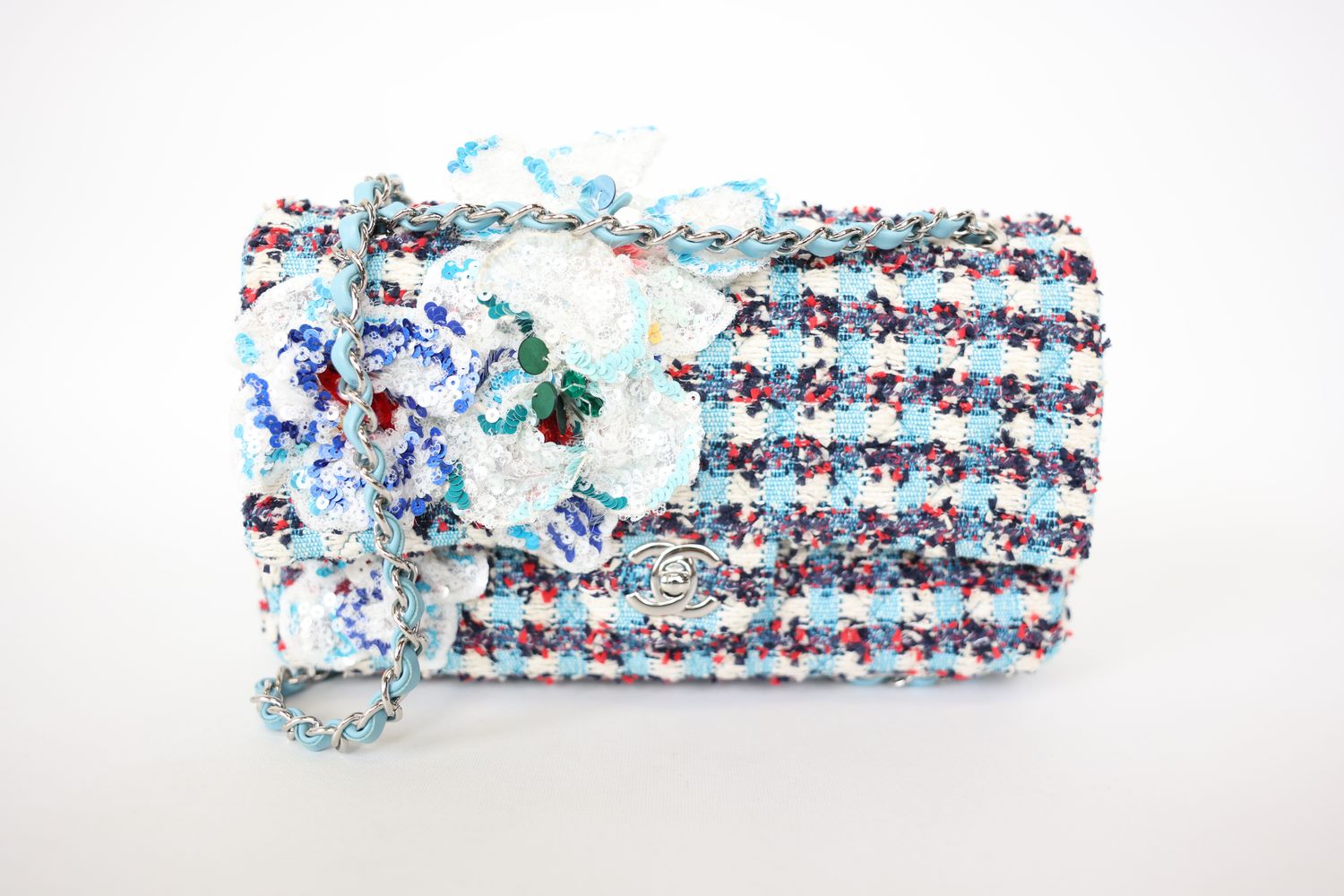 Chanel Classic Medium Double Flap Blue Tweed, Preowned In Box WA001