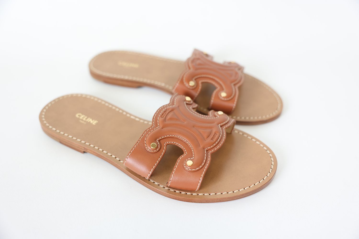 Celine Triomphe Mule, Tan Calfskin Leather SIze 37, New In Dustbag WA001