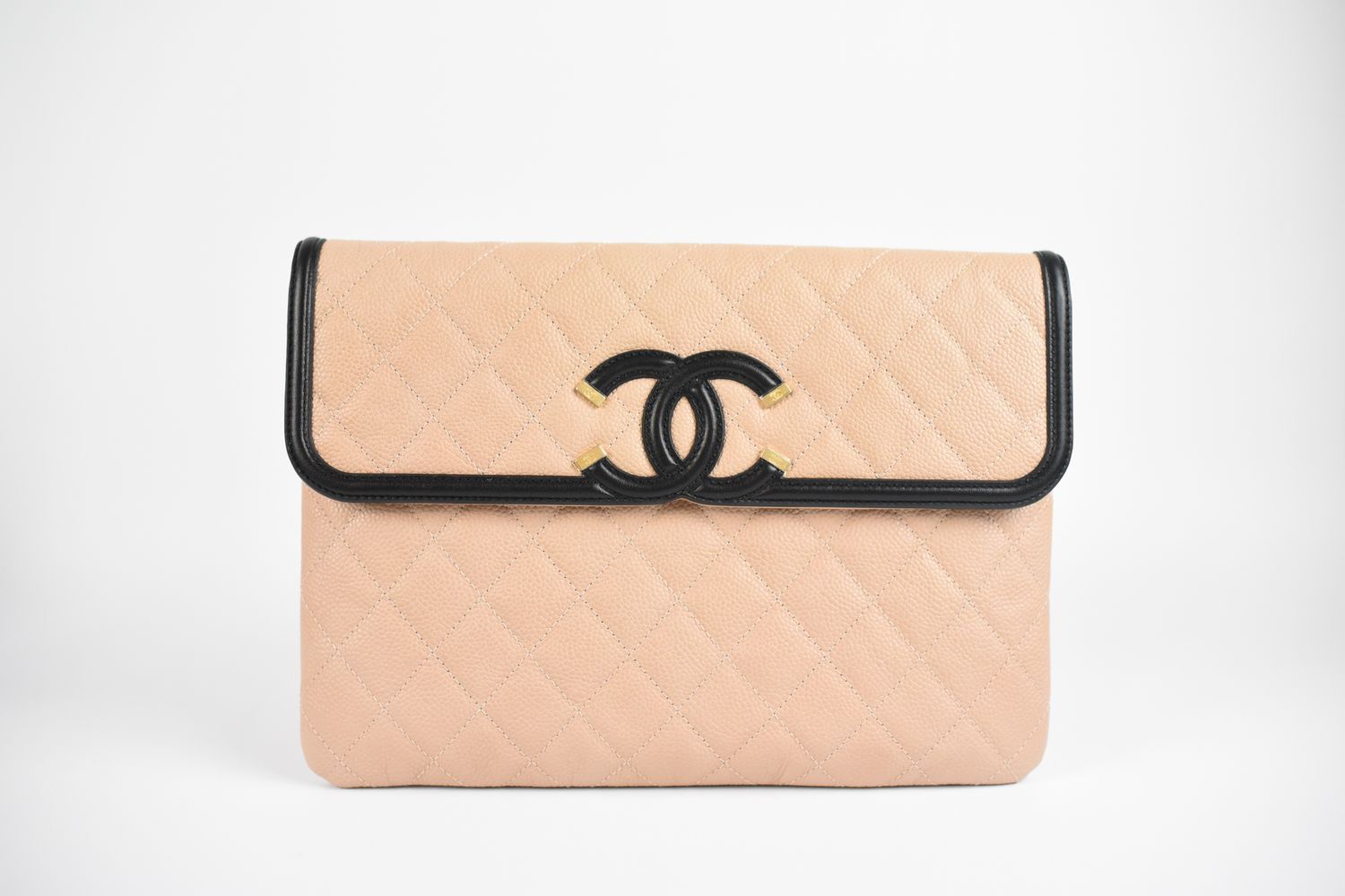 Chanel Filigree Flap O Case Medium Clutch, Beige Caviar Leather with Black Lambskin Leather Trim, Gold Hardware, Preowned in Box GA001