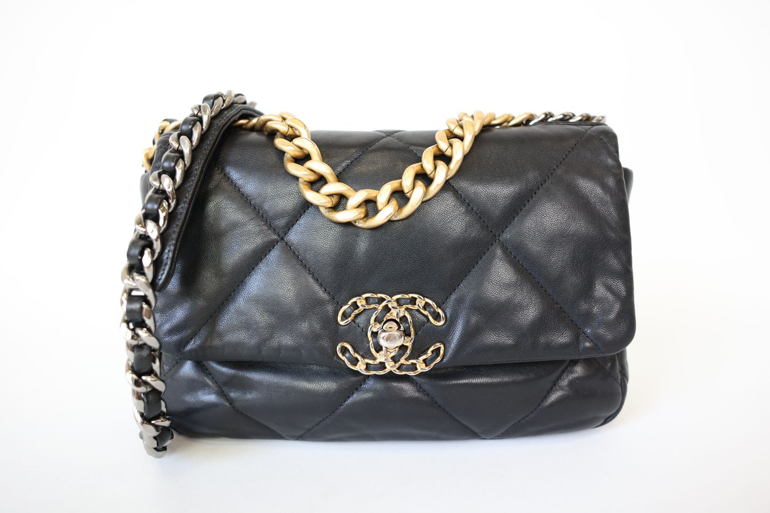 Chanel 19 Small, Black Lambskin Leather With Mixed Hardware, Preowned In Dustbag WA001