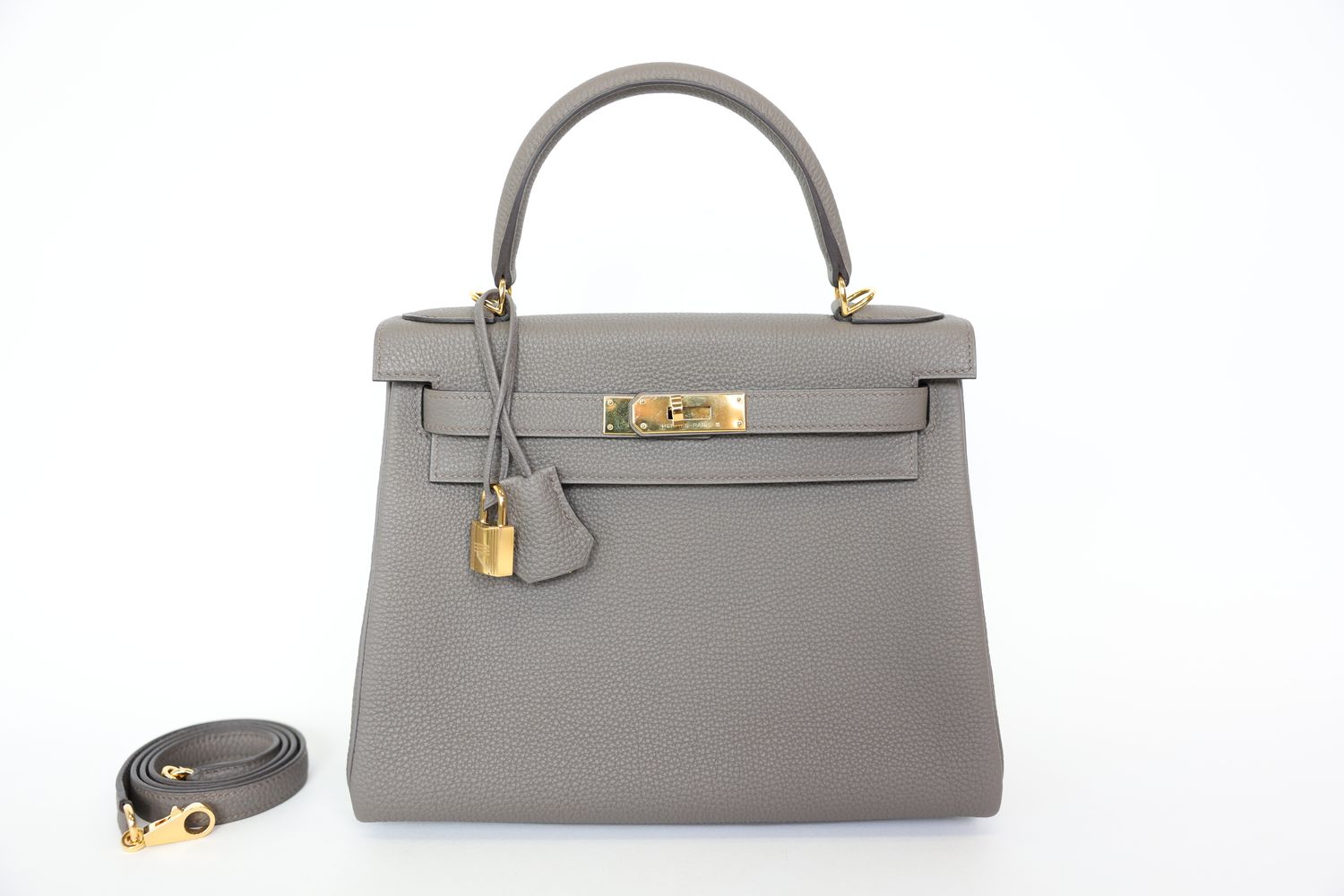 Hermes Kelly Retourne 28 Etain Grey Togo Leather With Gold Hardware, Preowned In Box C 2018 Stamp CMA001 (Bank Wire)