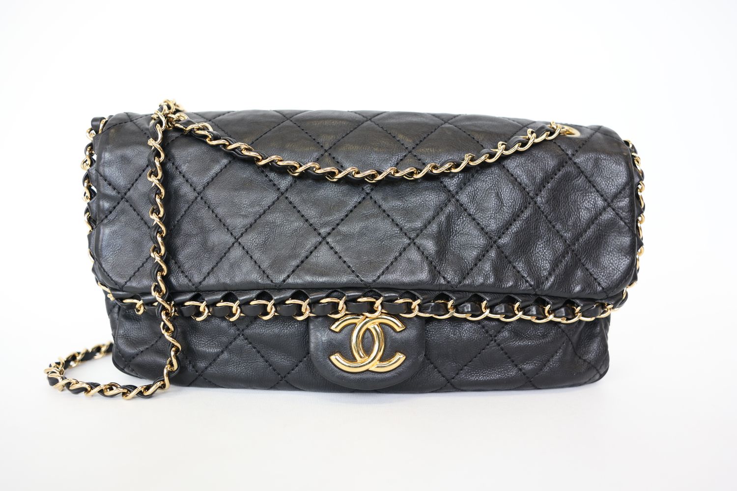 Chanel Chain Me Flap Jumbo, Black Quilted Calfskin With Gold Hardware, Preowned In Dustbag WA001