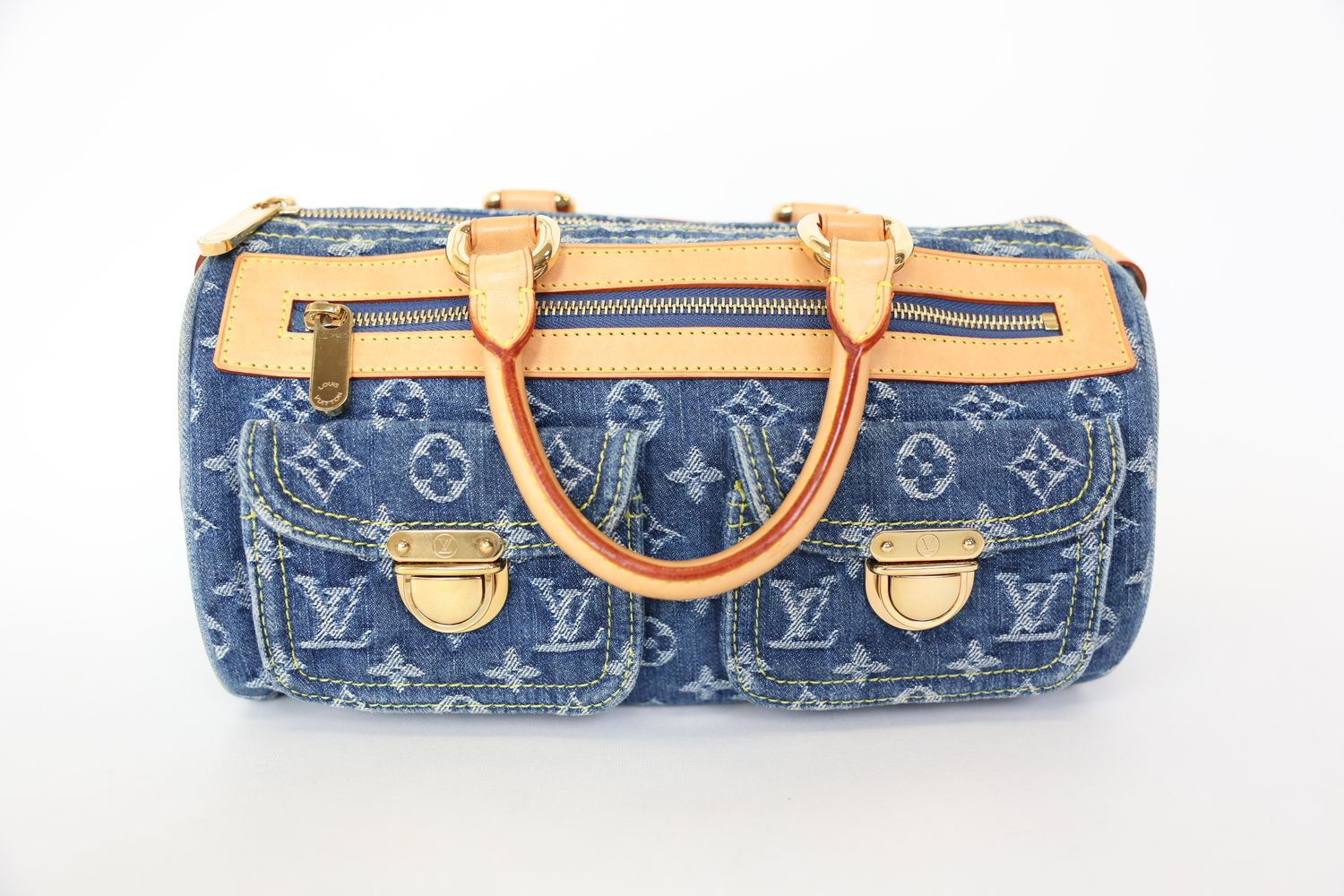 Louis Vuitton Neo Speedy Bag, Denim Monogram With Gold Hardware, Preowned In Dustbag WA001