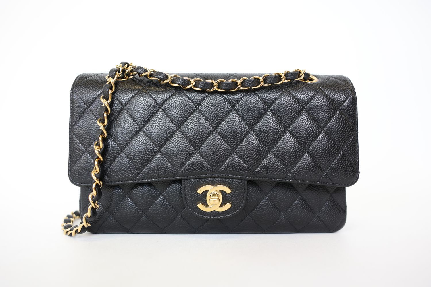 Chanel Classic Double Flap Bag Medium, Black Caviar Leather With Gold Hardware, Preowned In Dustbag WA001