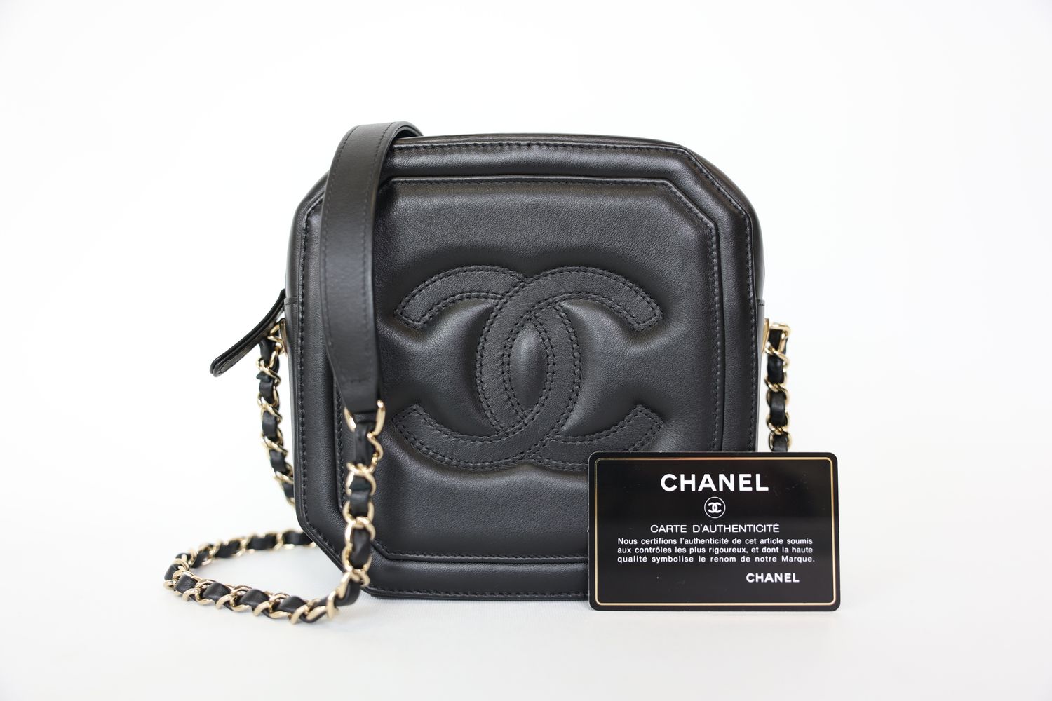 Chanel Camera Bag Octagon, Black Lambskin Leather With Gold Hardware, Preowned In Box WA001