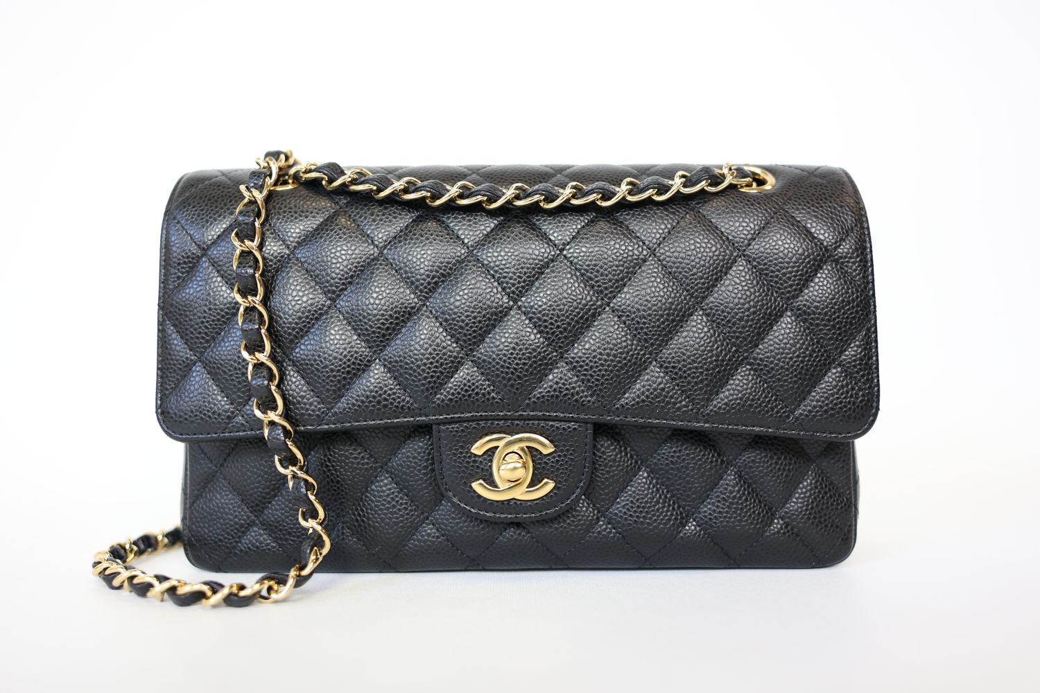 Chanel Classic Double Flap Medium, Black Caviar Leather With Gold Hardware, Preowned In Box WA001