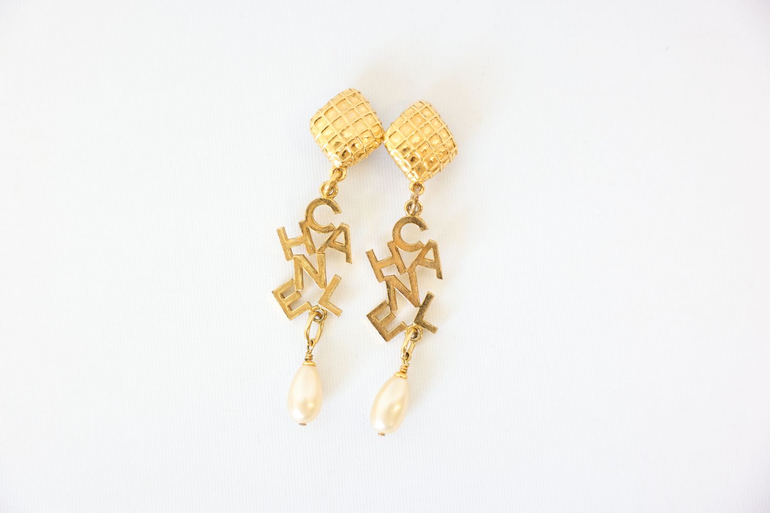 Chanel Vintage Clip On Earrings, Gold Dangle With Tear Drop Pearl, Preowned In Box WA001