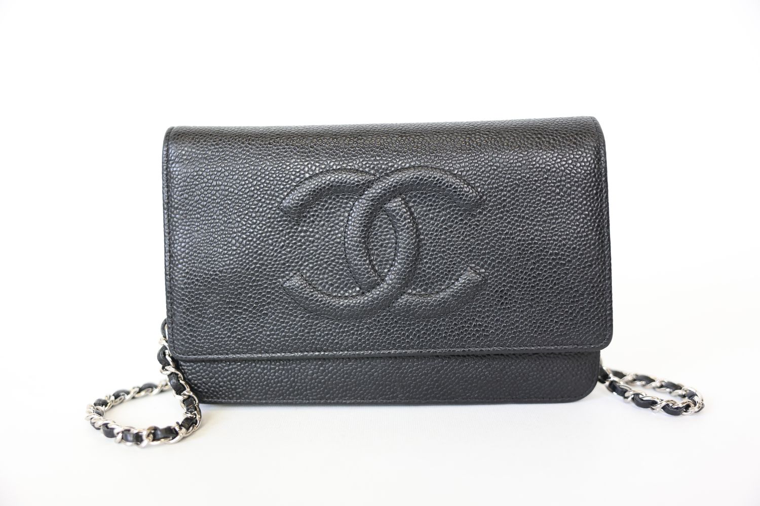 Chanel Wallet On Chain, Black Caviar Leather With Silver Hardware, Preowned No Dustbag WA001