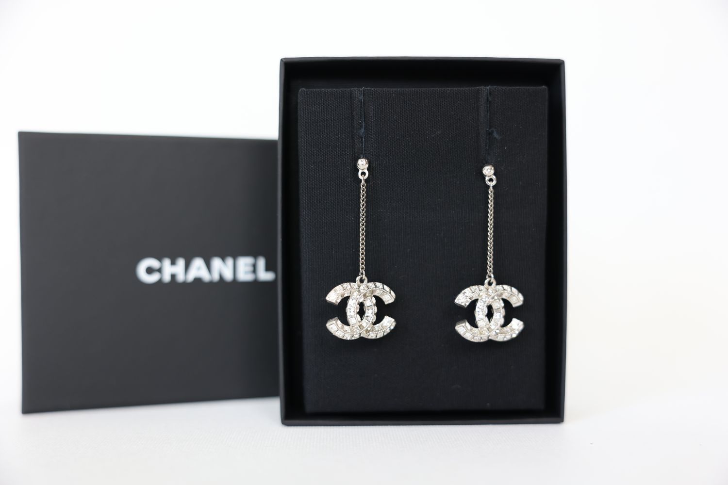 Chanel Earrings, Silver Hardware with Long Dangle With CC Crystals, Preowned In Box WA001