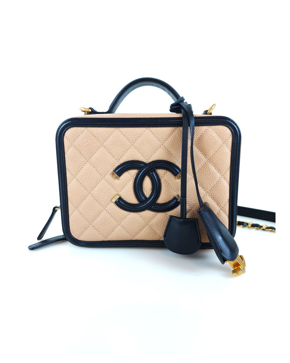 Chanel Filigree Vanity, Medium, Beige and Black Caviar with Aged Gold Hardware, Preowned in Dustbag GA001P