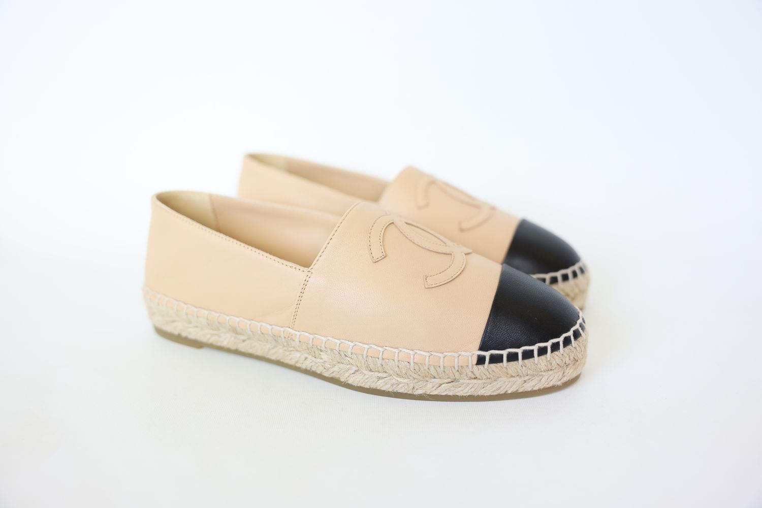 Chanel Espadrilles Size 37, Black And Beige Lambskin Leather, New In Box WA001