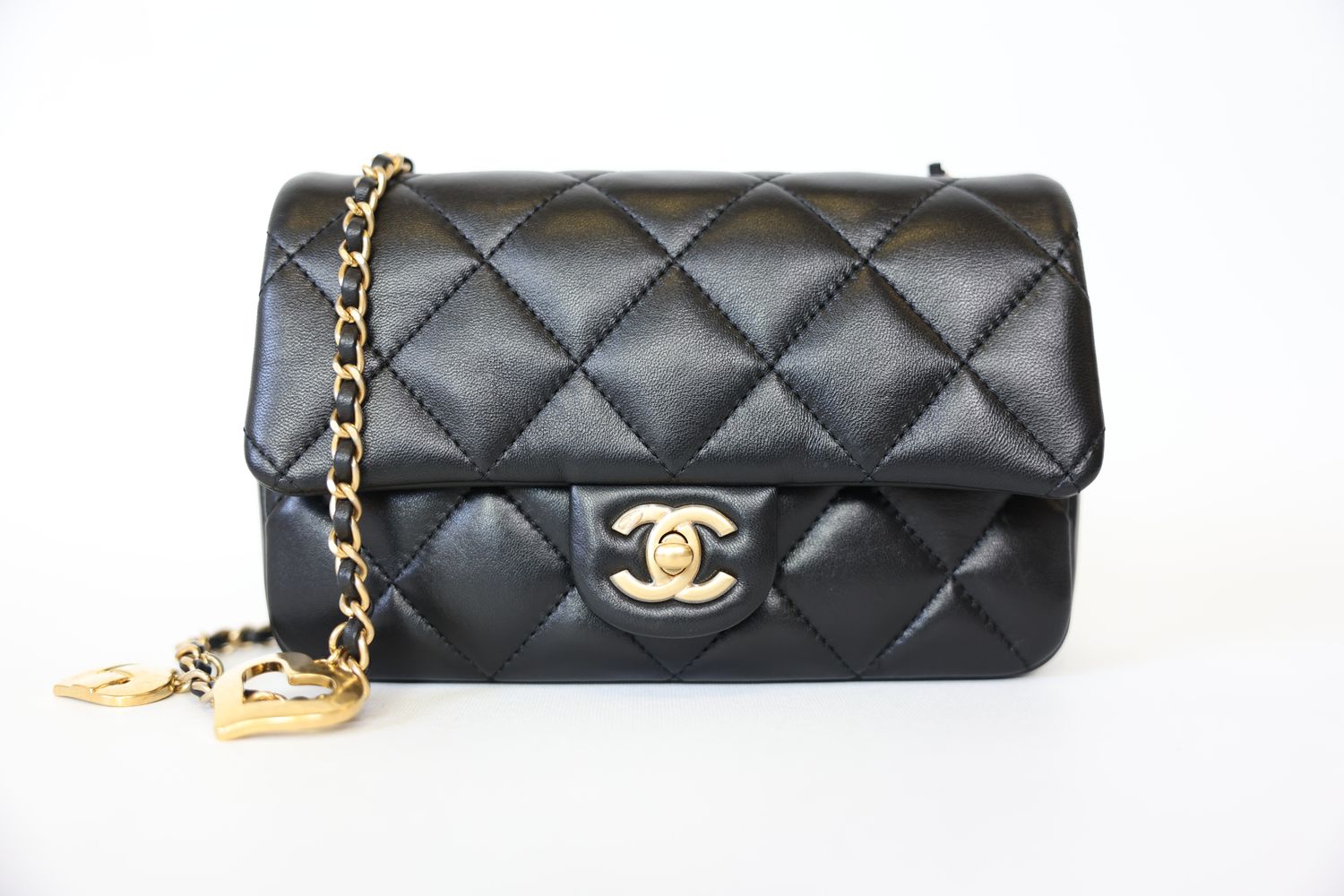 Chanel Seasonal Mini Flap, Black Lambskin Leather With Gold Hearts Hardware, New In Box WA001