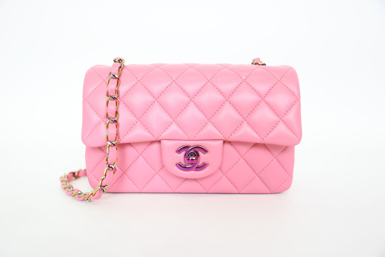 Chanel Rectangle Flap Mini, Pink Lambskin Leather With Yellow Interior And Rainbow Hardware, Preowned In Box WA001
