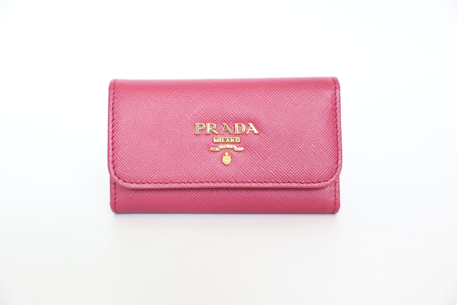 Prada 6 Key Holder, Raspberry Pink Saffiano Leather With Gold Hardware, New In Box WA001