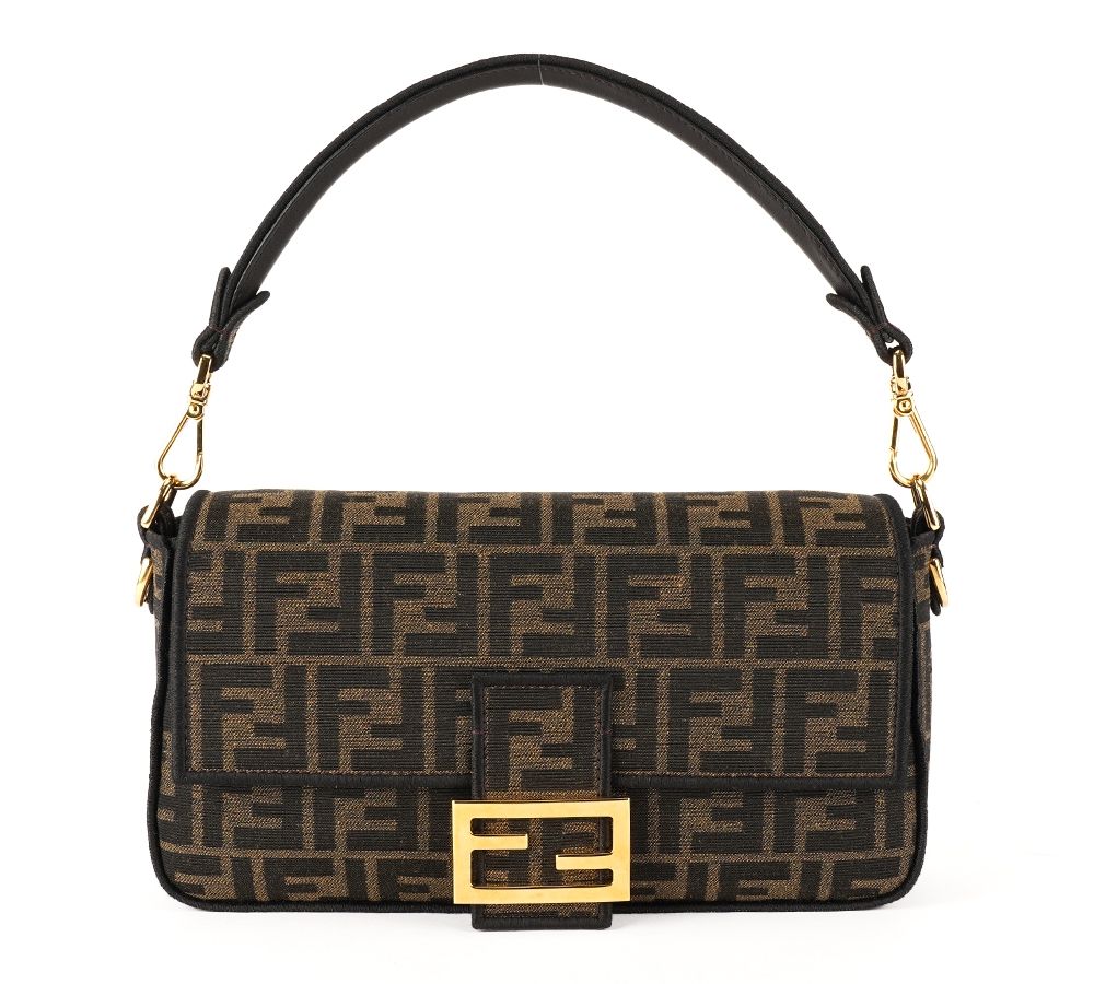 Fendi Baguette, FF Monogram Jacquard with Gold Hardware, Like New in Box GA001P