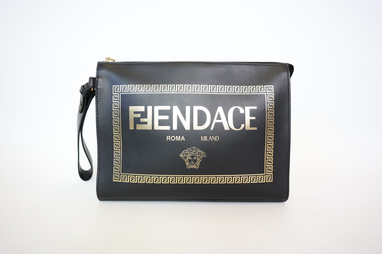 Fendi &amp; Versace Fendace Wristlet Clutch, Black Leather With Gold Hardware, New In Dustbag WA001