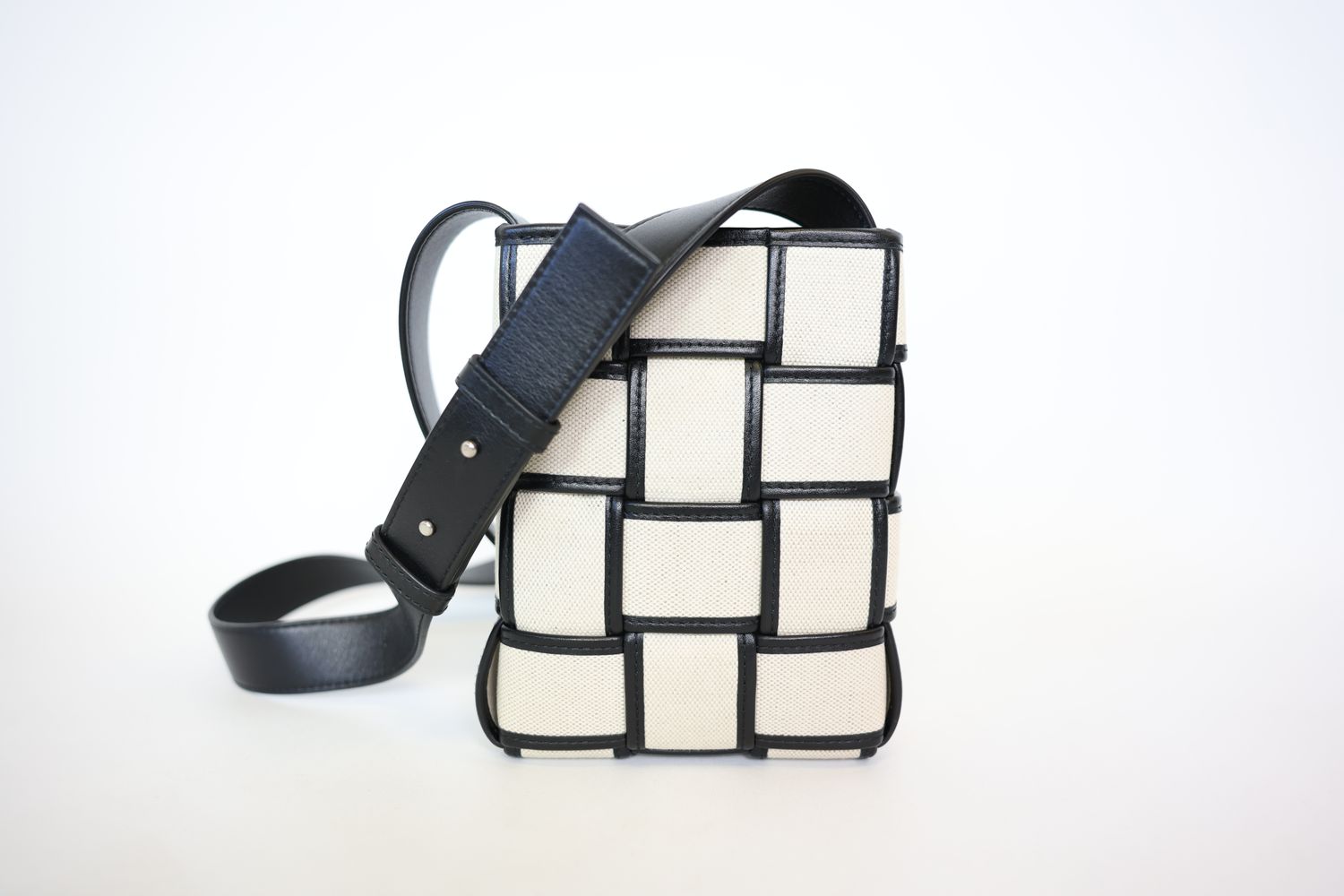 Bottega Veneta Cassette Phone Pouch, White Canvas With Black Leather, New In Dustbag WA001