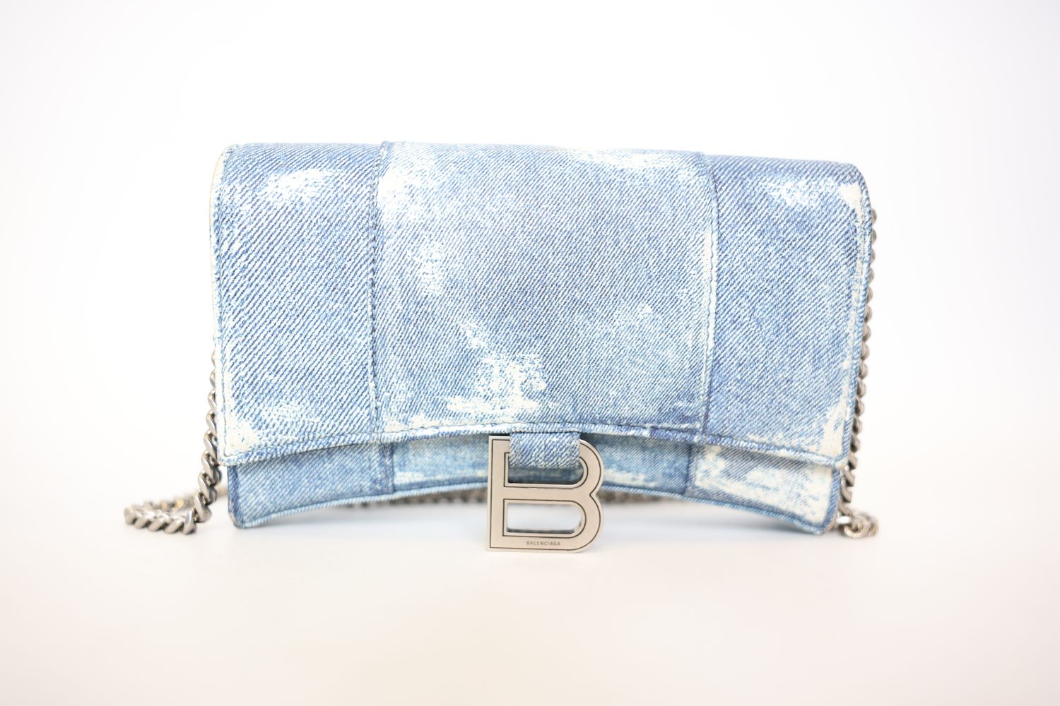 Balenciaga Hourglass Wallet On Chain, Denim Printed Leather With Silver Hardware, Preowned In Dustbag WA001
