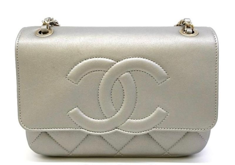 Chanel Large CC Shoulder Bag, Silver Lambskin Leather with Gold Hardware, Like New in Box GA001P