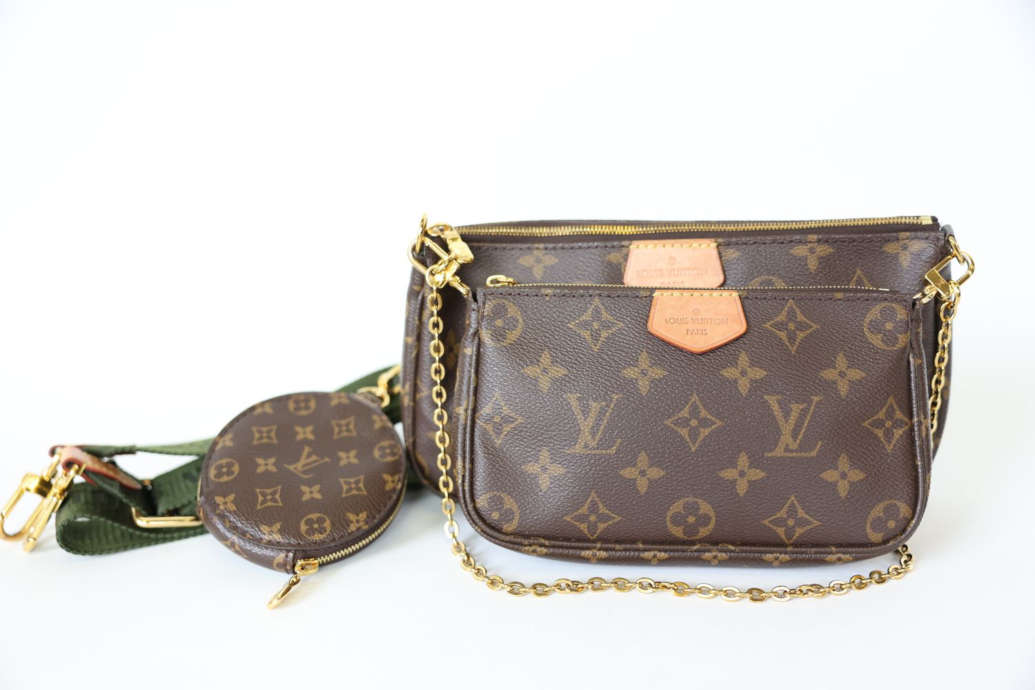 Louis Vuitton Multi Pochette Accessories, Monogram Canvas With Army Green Strap And Gold Hardware, Preowned In Box WA001