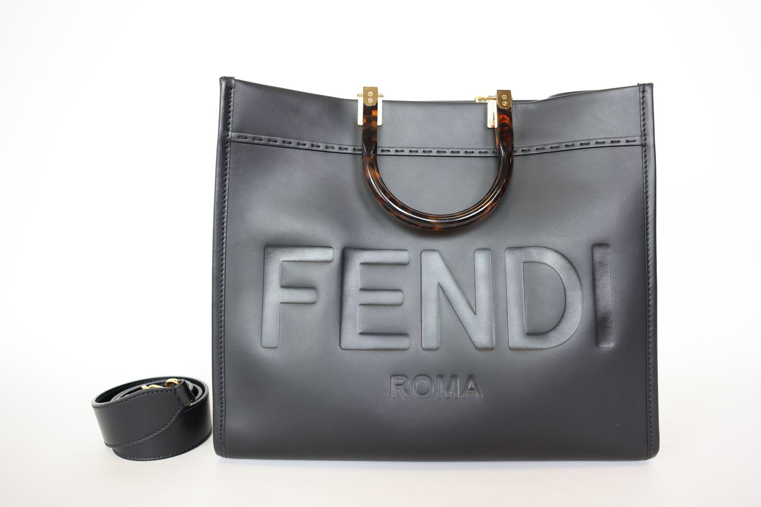Fendi Sunshine Tote Medium, Black Leather With Gold Hardware, Preowned In Box WA001