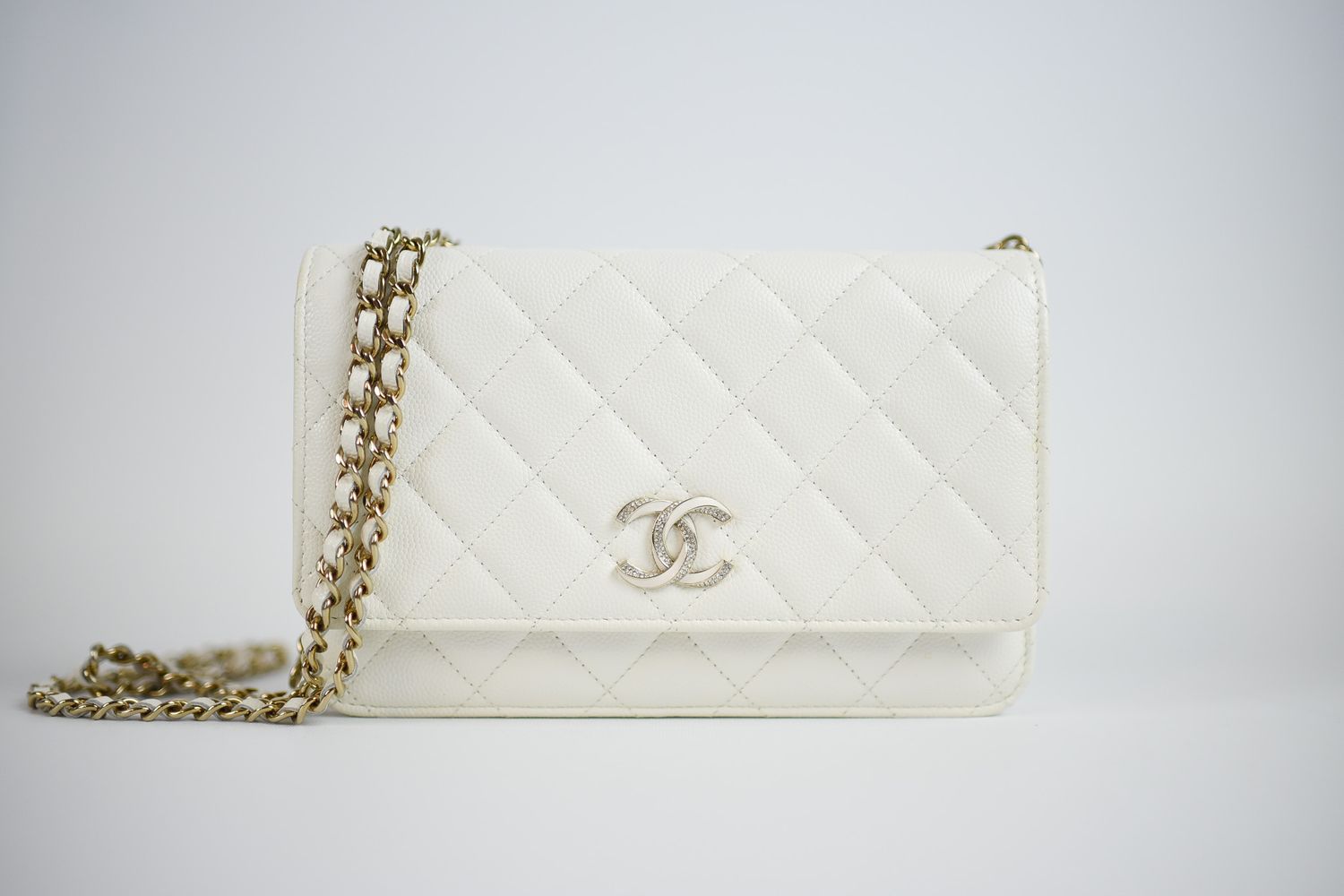 Chanel Wallet on Chain with Large Enamel and Crystal CC, White Caviar Leather, Gold Hardware, Preowned in Box GA001