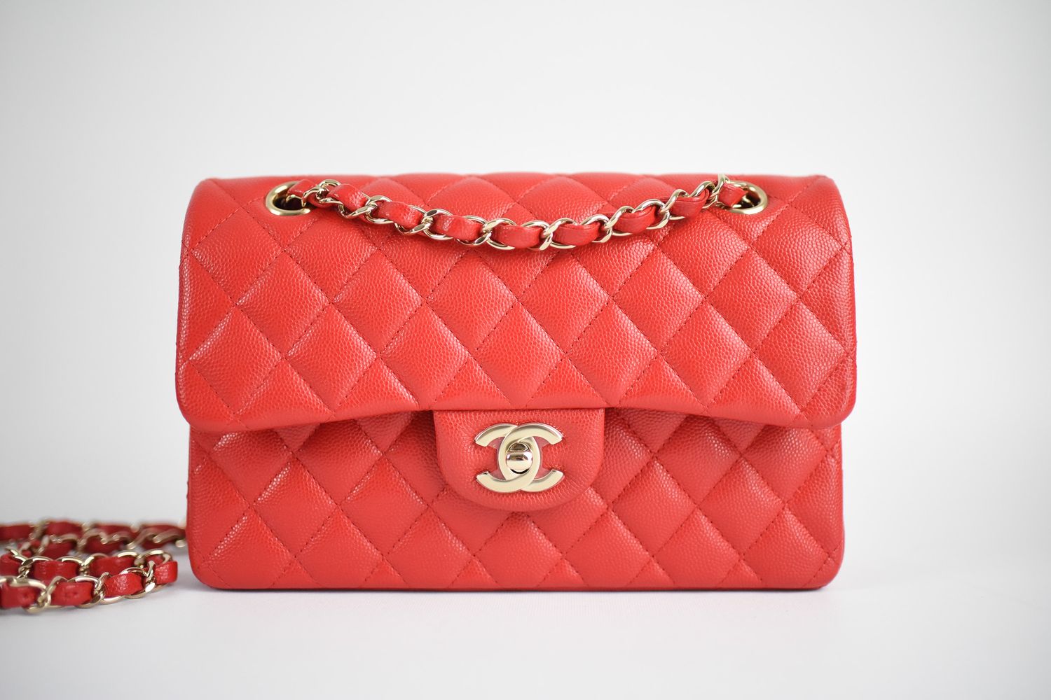 Chanel Classic Small Flap, Red Caviar Leather with Gold Hardware, Like New in Box GA001