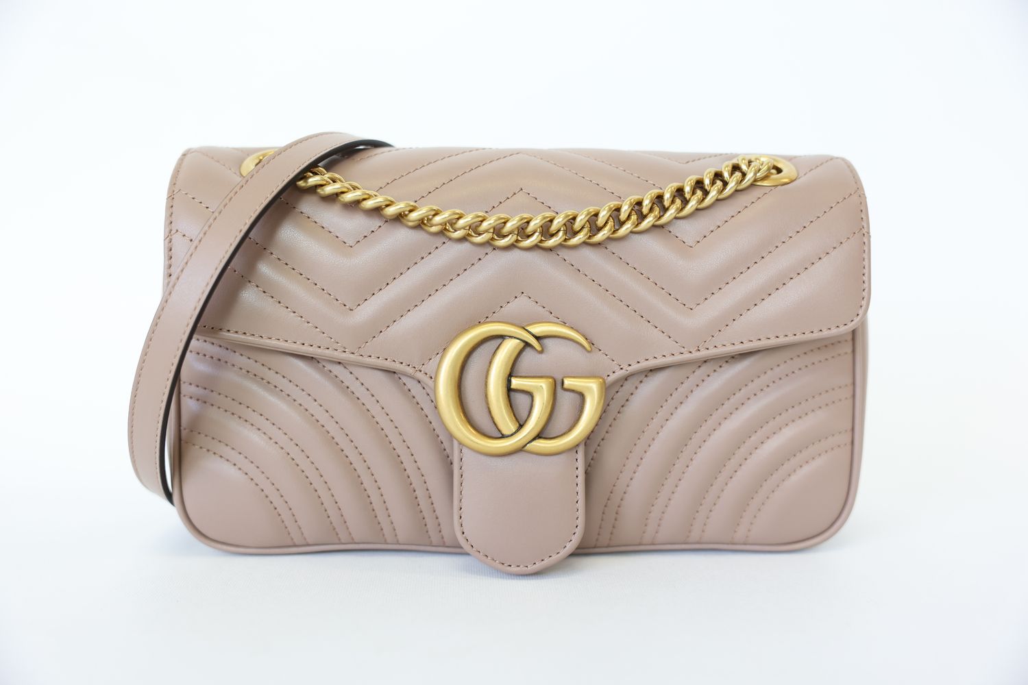 Gucci GG Marmont Flap Bag Small, Mauve Matelasse Leather With Gold Hardware, Preowned In Dustbag WA001