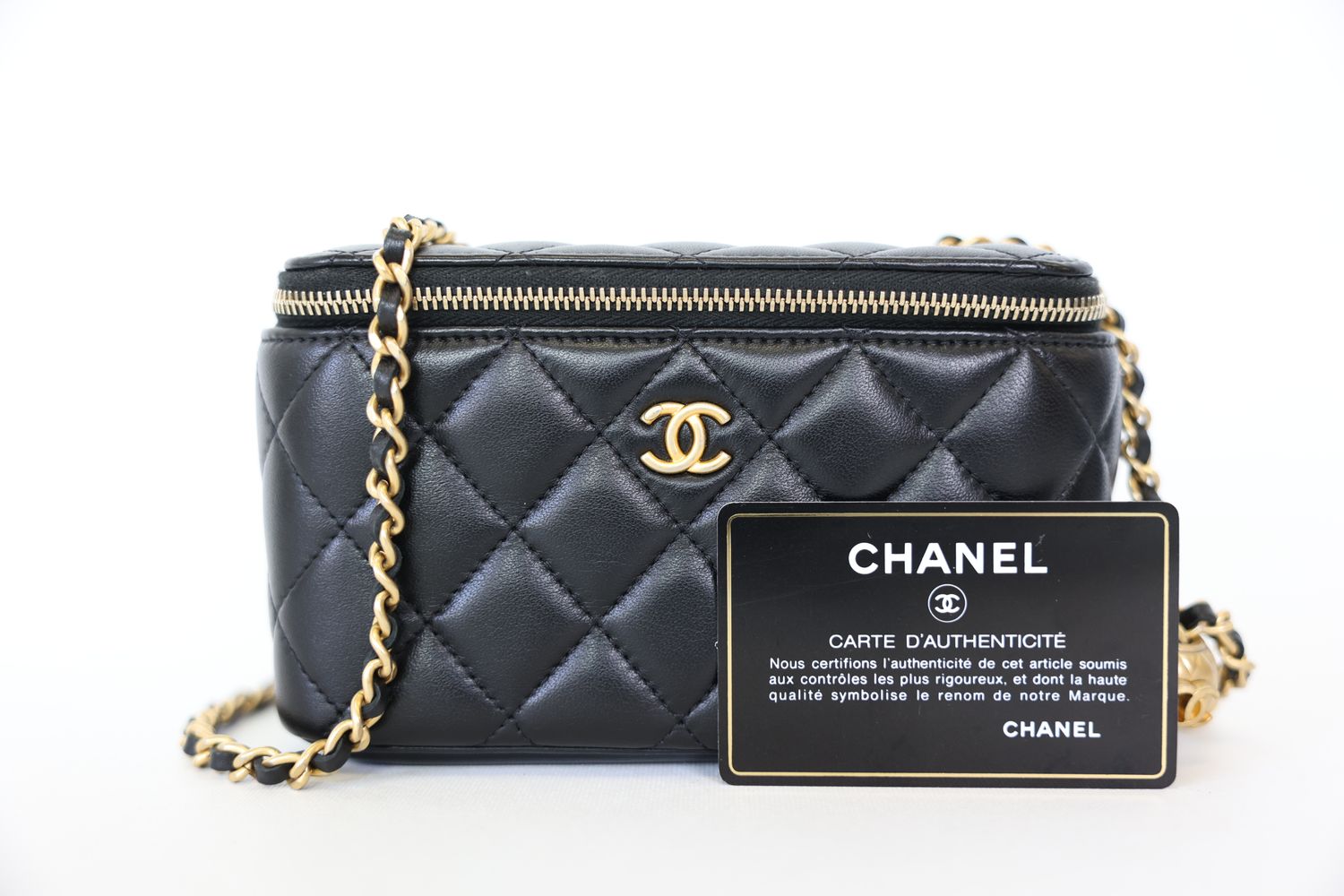 Chanel Pearl Crush Vanity Case Small, Black Lambskin Leather With Gold Hardware, Preowned In Dustbag WA001