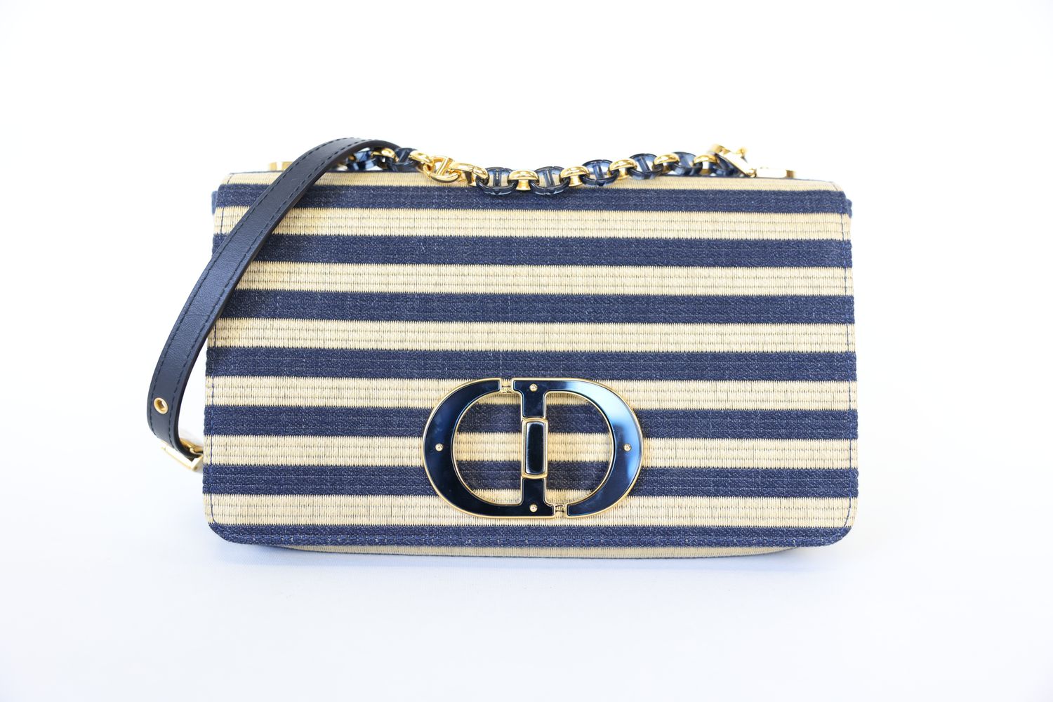 Christian Dior Caro Chain Convertible Clutch Long, Navy Striped Raffia With Gold Hardware, New In Box WA001