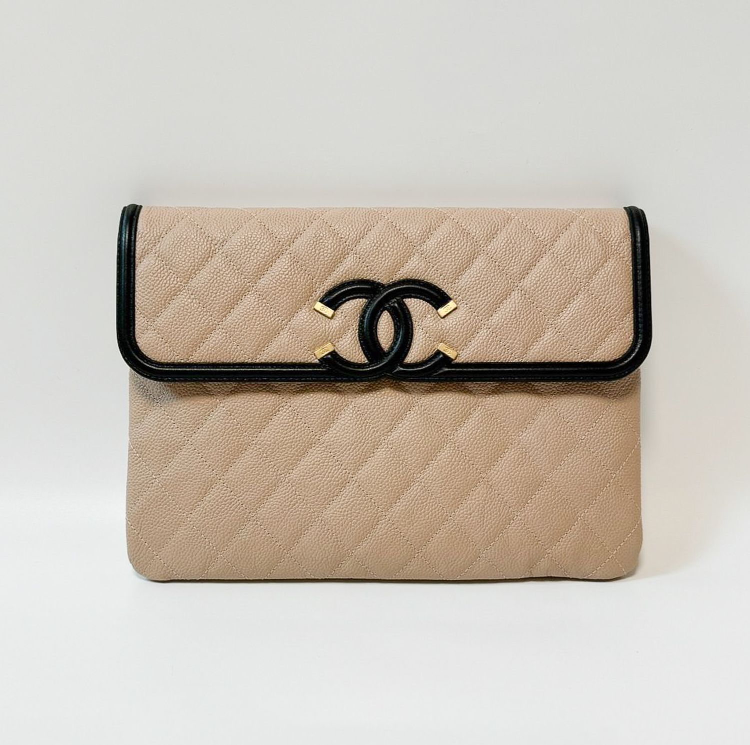 Chanel Filigree Flap O Case Medium Clutch, Beige Caviar Leather with Black Lambskin Leather Trim, Gold Hardware, New in Box GA001P