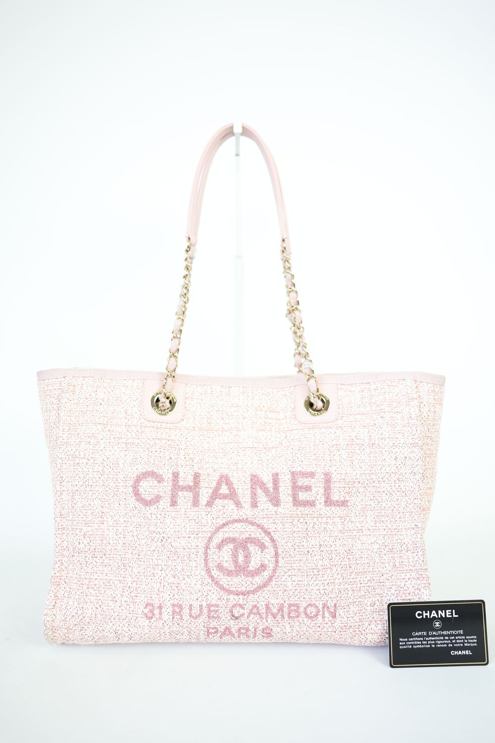 Chanel Deauville Tote Bag Large, Pink Tweed with Gold Hardware, Preowned in Dustbag WA001