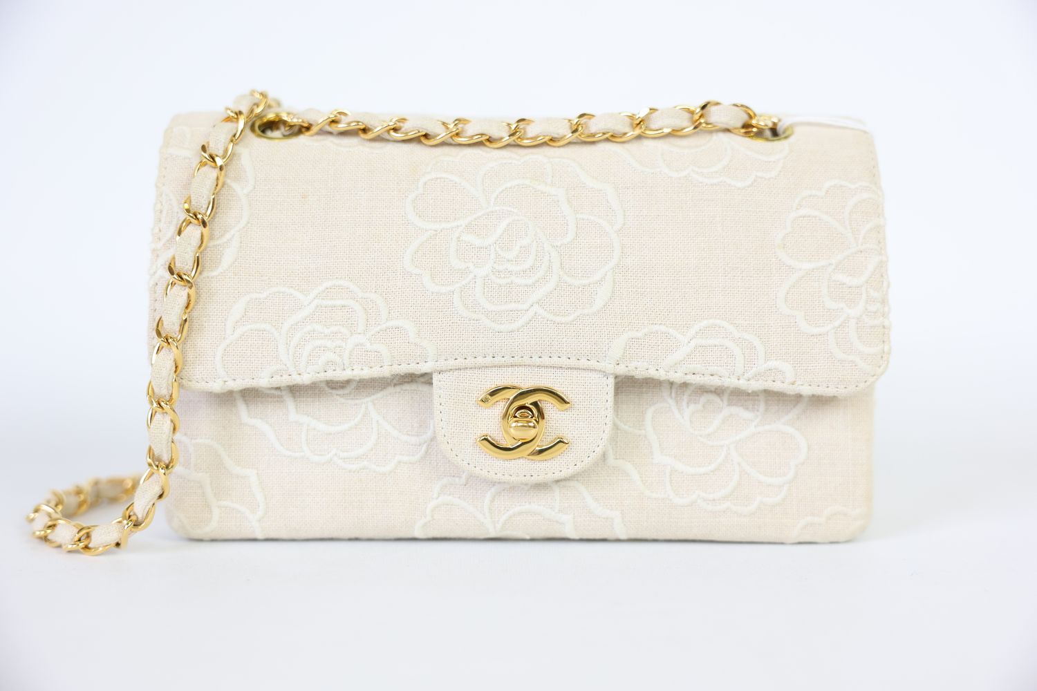 Chanel Camellia Embroidered Flap Bag Small, Beige Linen with Gold Hardware, Preowned in Dustbag WA001