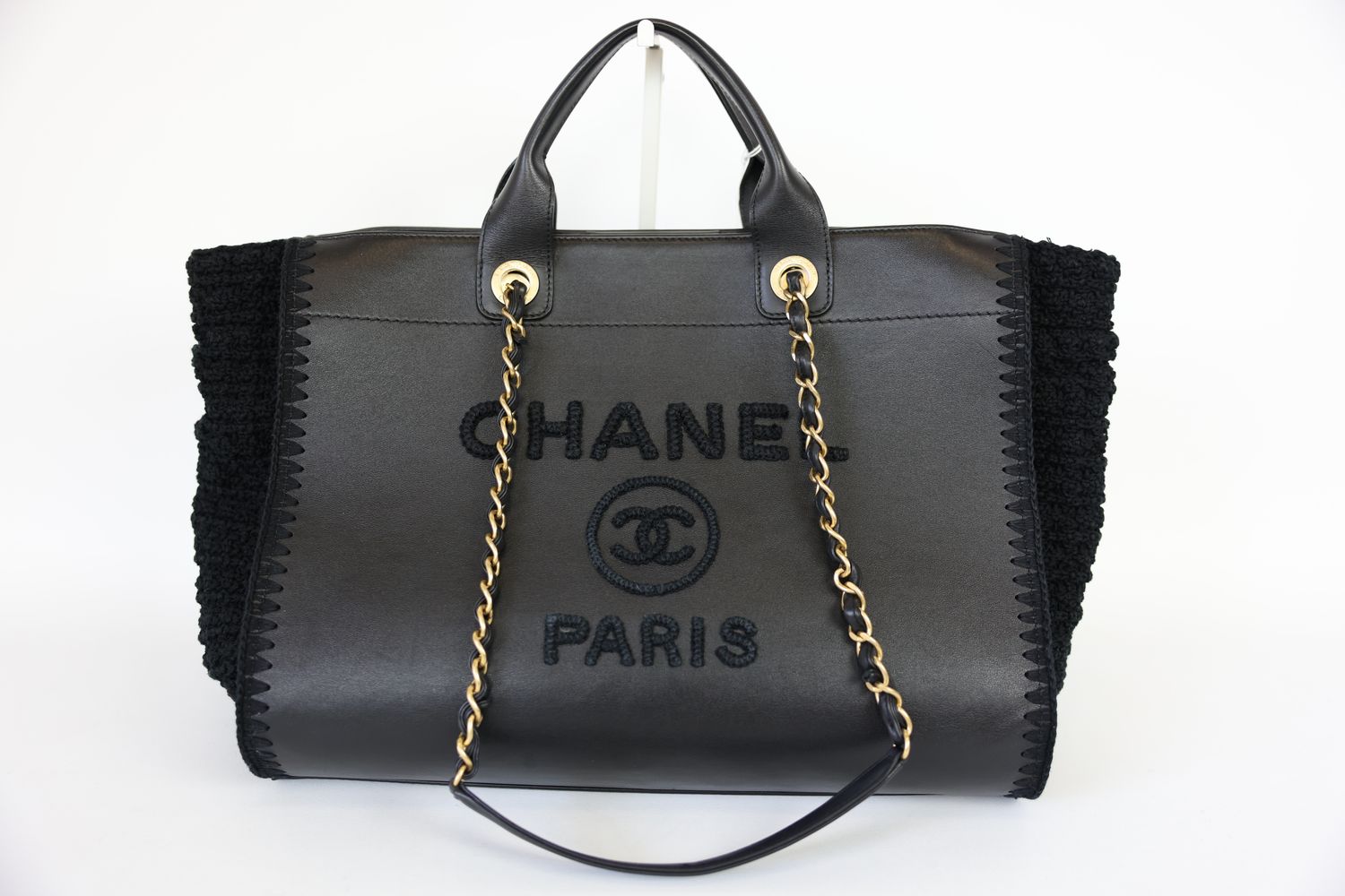 Chanel Deauville Large, Black Calfskin Leather With Crochet And Gold Hardware, Preowned In Dustbag WA001